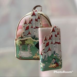 LOUNGEFLY DISNEY SNOW WHITE CASTLE SCENE MINI BACKPACK and Wallet